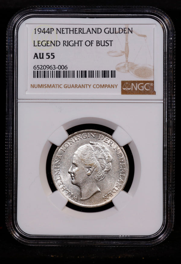 1944-P Netherland Gulden Legend Right of Bust NGC AU55