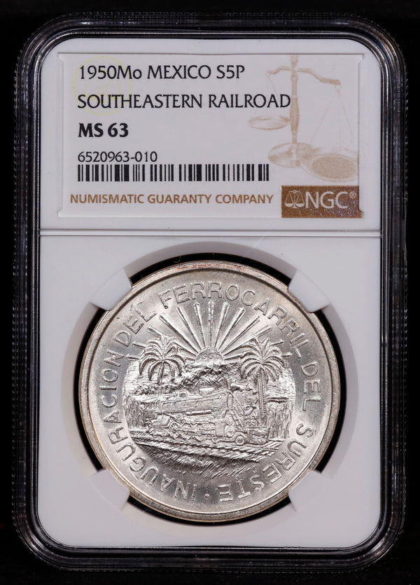 1950-Mo Mexico S5P Silver Peso Southeastern Railroad NGC MS63