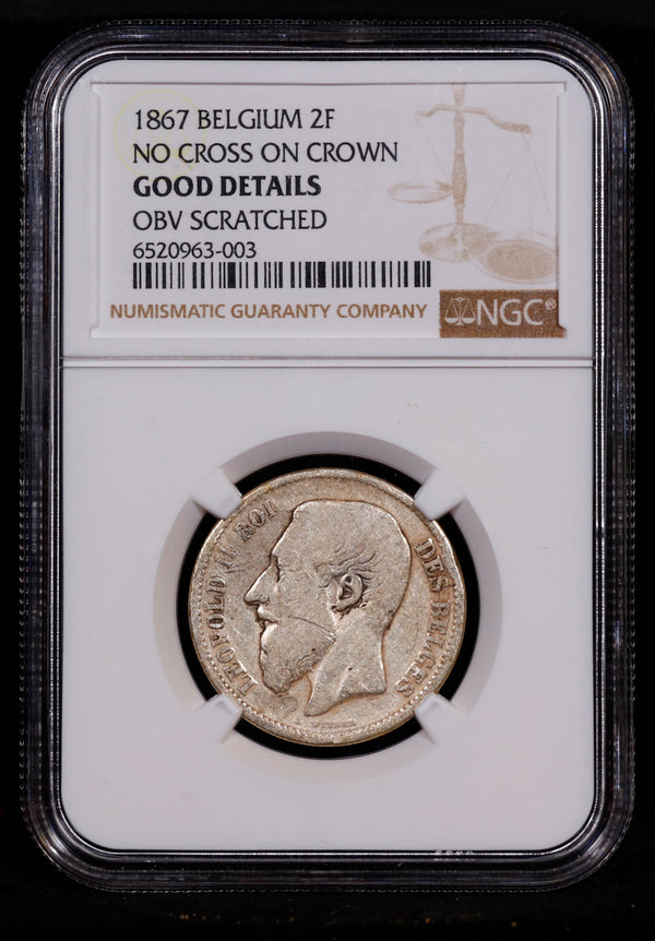 1867 Belgium 2F Franc No Cross on Crown NGC Good Details