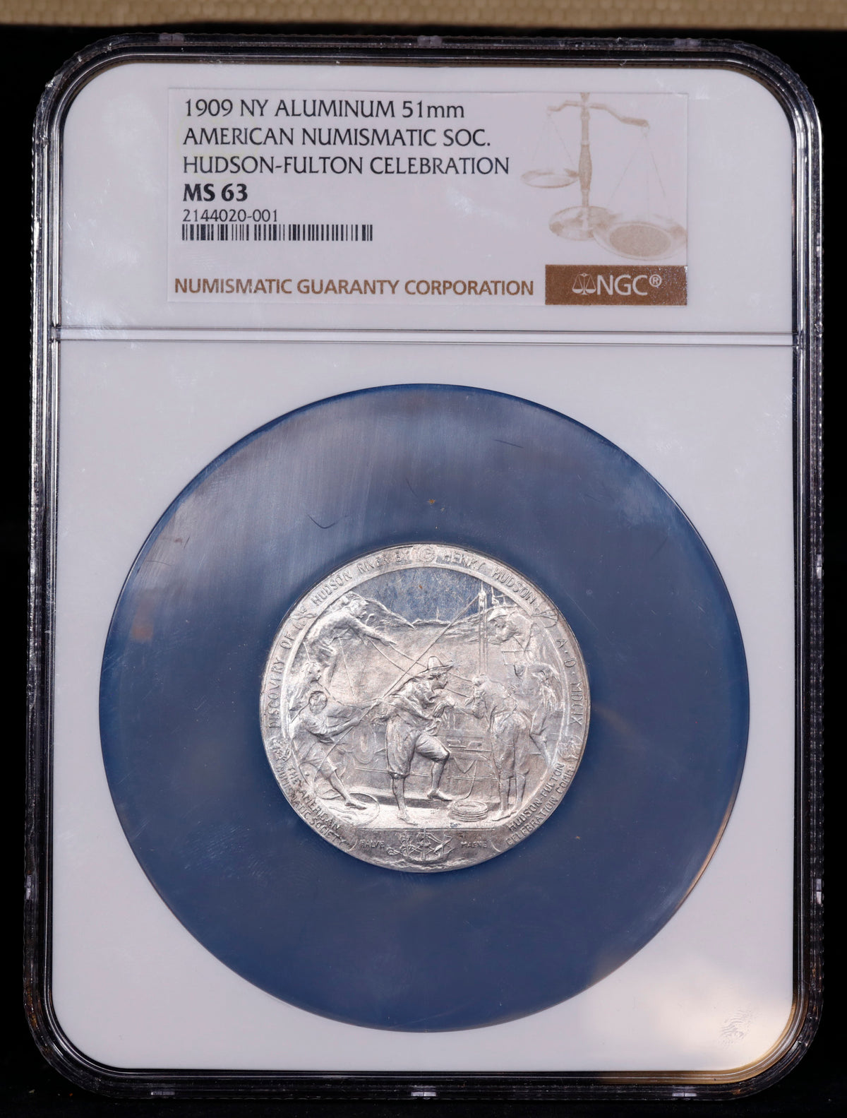1909 NY Aluminum Oversized 51mm American Numismatic Soc. Hudson-Fulton Celebration NGC MS63