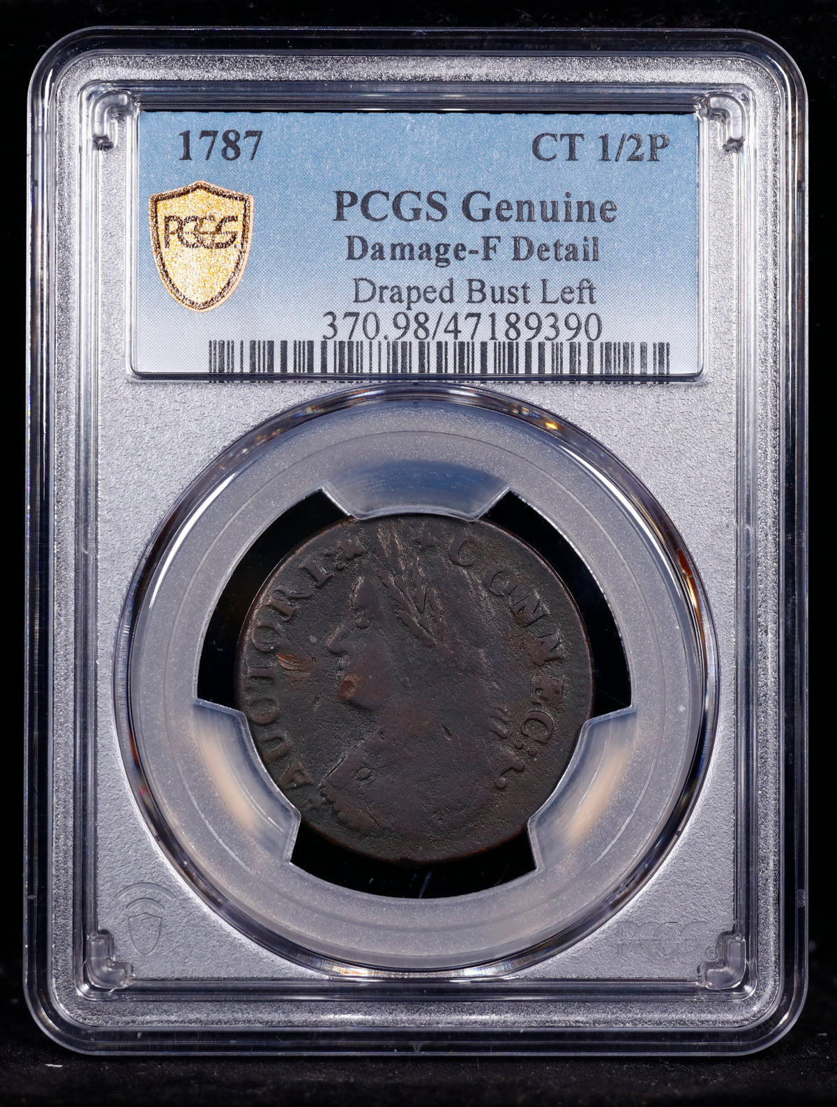 1787 CT Connecticut 1/2P Draped Bust Left PCGS F-Detail