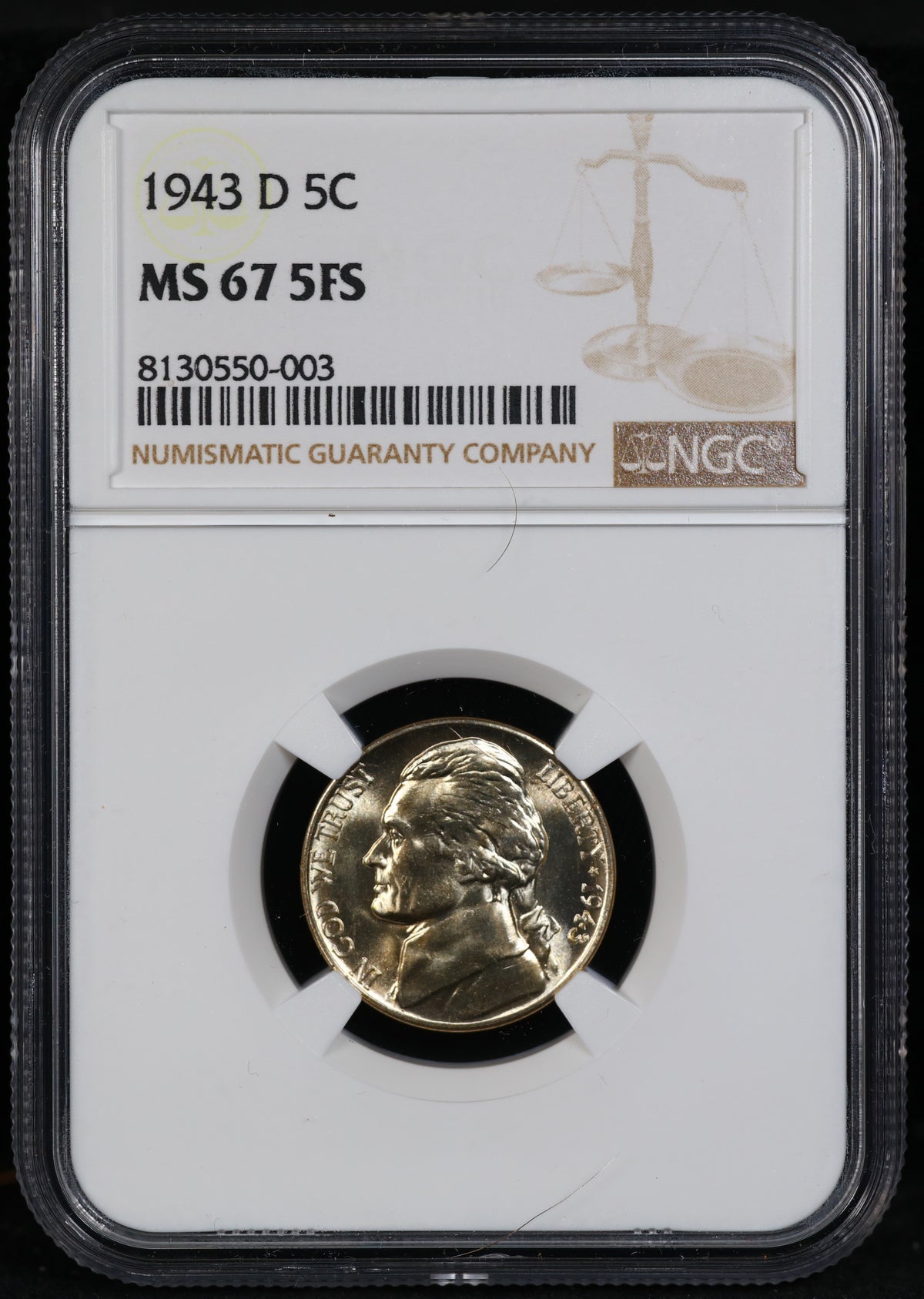 1943-D Jefferson Nickel 5c MS67 5 Full Steps NGC